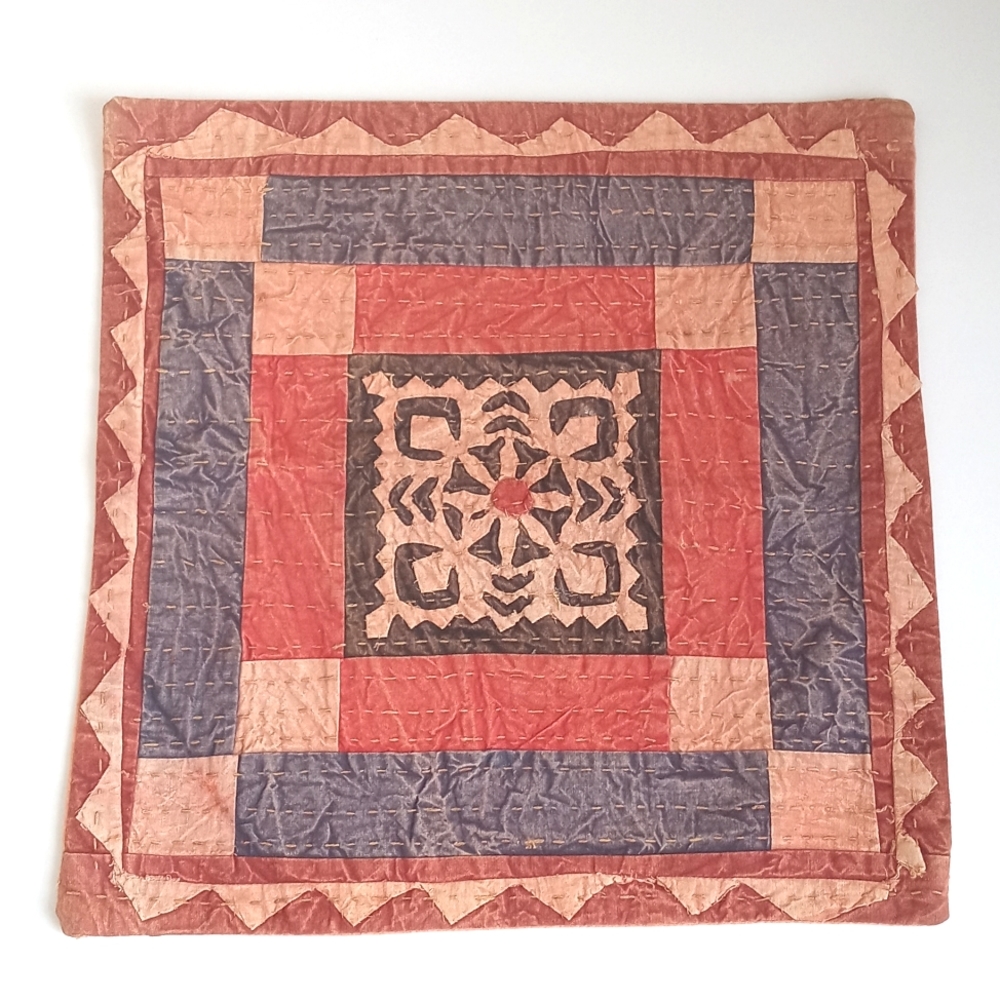Vintage Orange & Blue Patchwork Batik Pillow Sham from India 16”x16 1/2”